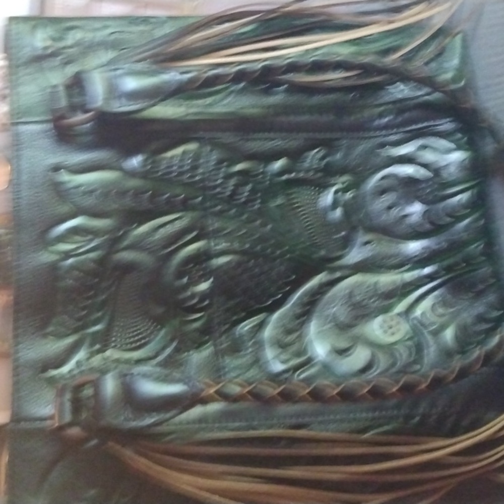 Patricia Nash stunning black with green accents and tassels latigo purse
